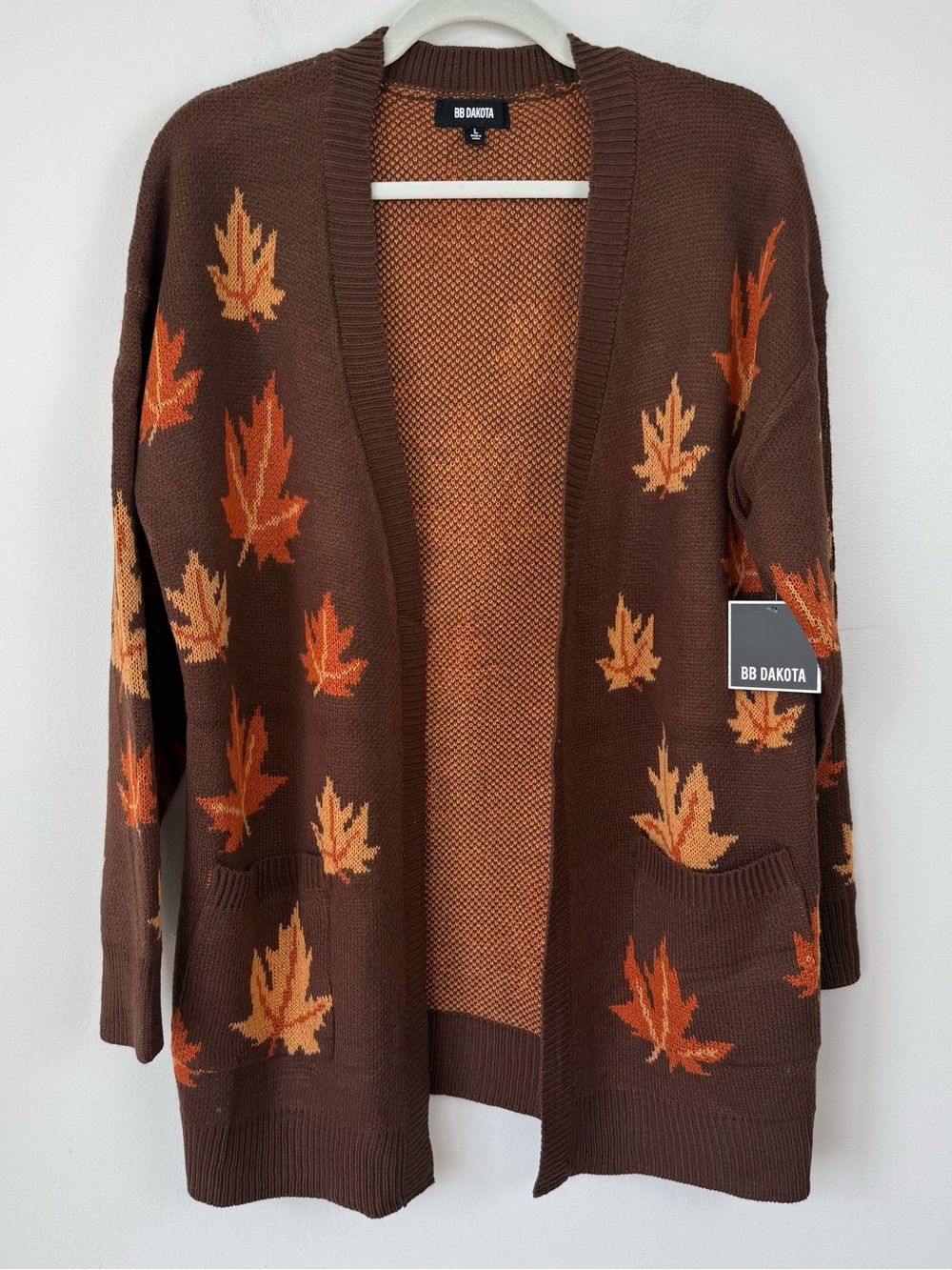 NWT BB Dakota Brown Open-Front Fall Leaf Long Cardigan Large